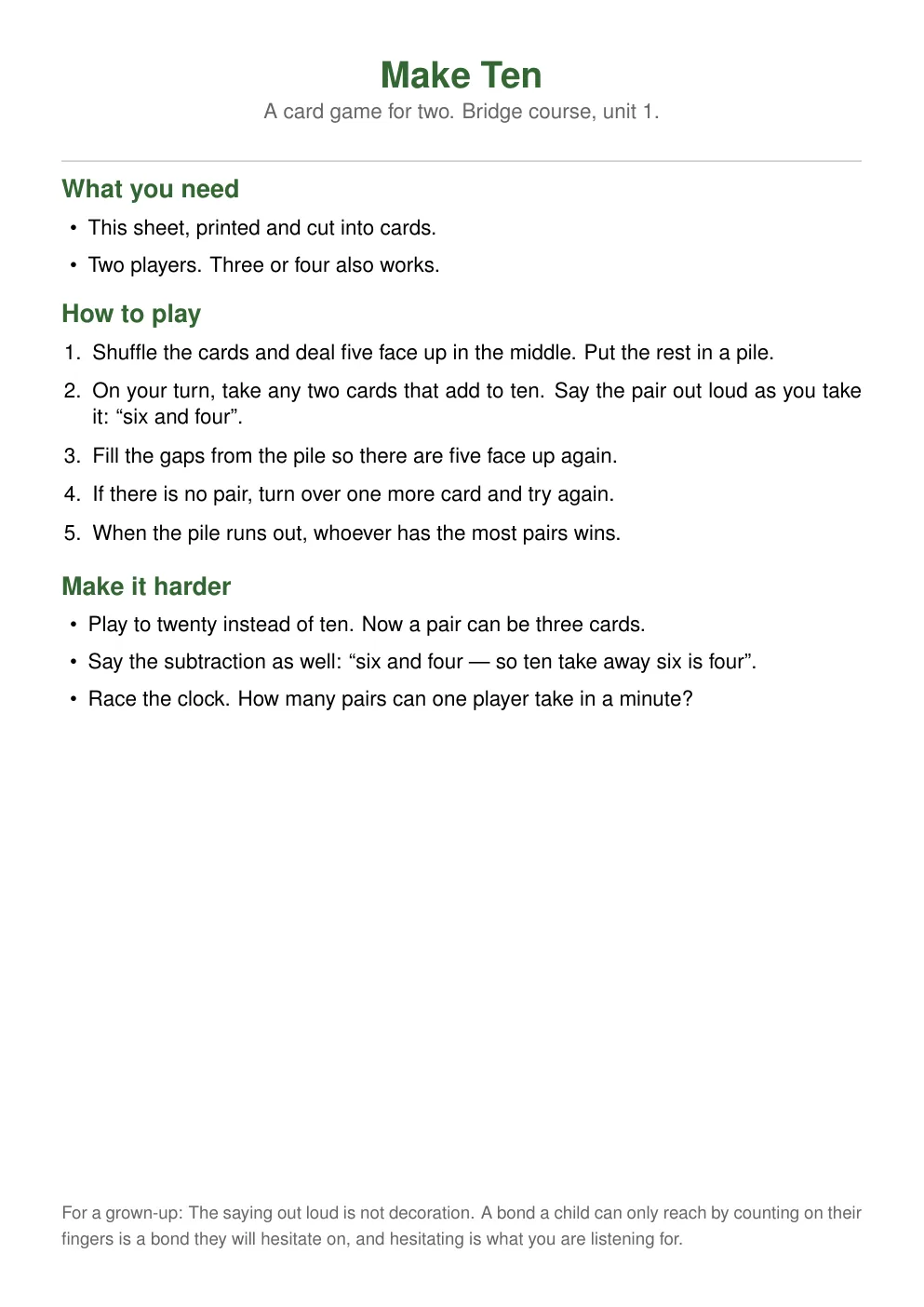 Make Ten — a card game, page 1