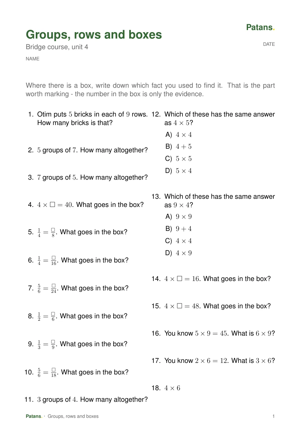 Groups, rows and boxes, page 1