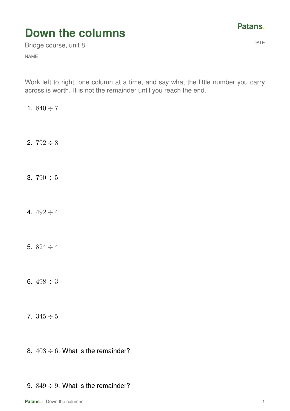 Down the columns, page 1